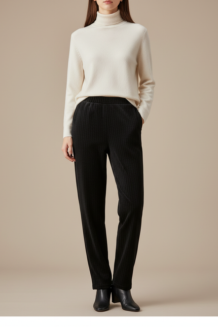 Pantalon Velours Noir Côtelé Droit Taille Haute - Cordé