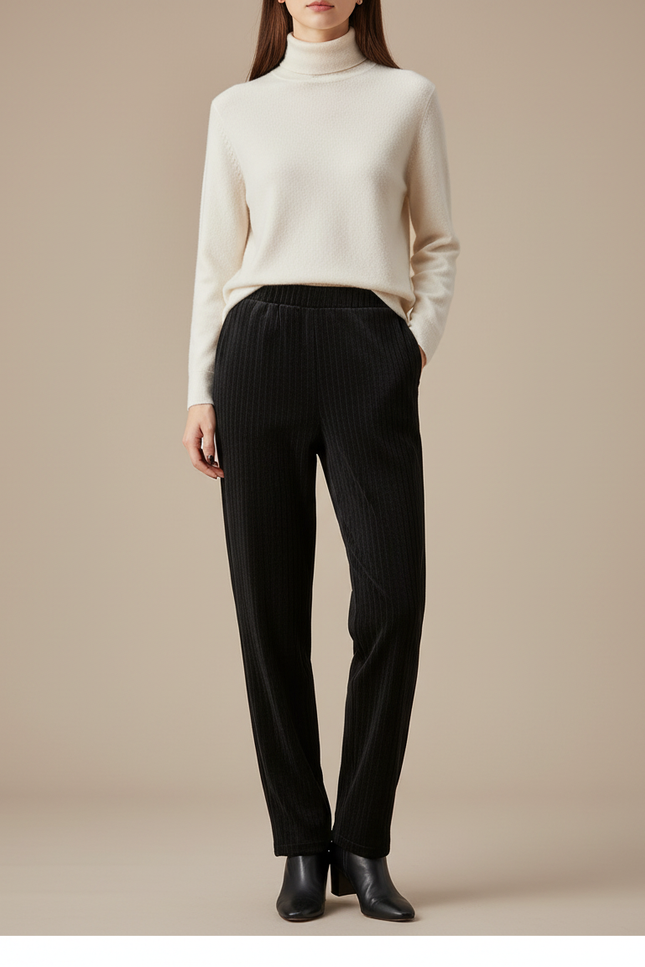 Pantalon Velours Noir Côtelé Droit Taille Haute - Cordé