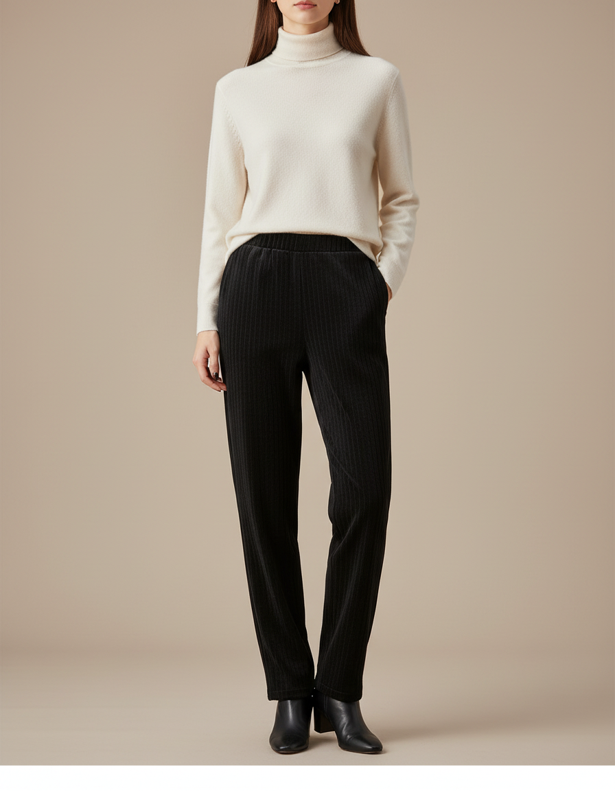 Pantalon Velours Noir Côtelé Droit Taille Haute - Cordé