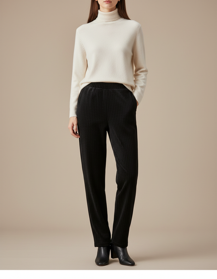 Pantalon Velours Noir Côtelé Droit Taille Haute - Cordé