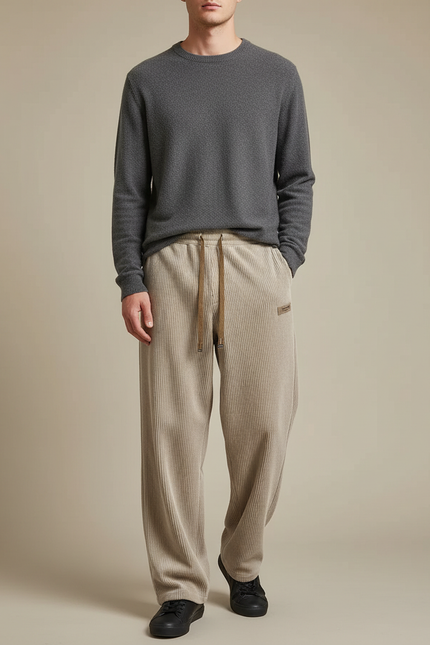 Pantalon Velours Côtelé Beige Ample Décontracté Homme - Cordé