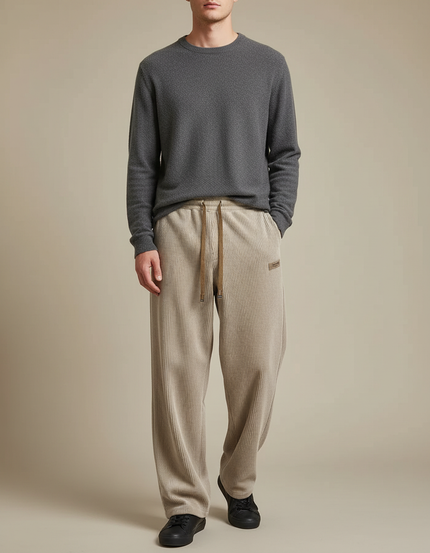 Pantalon Velours Côtelé Beige Ample Décontracté Homme - Cordé