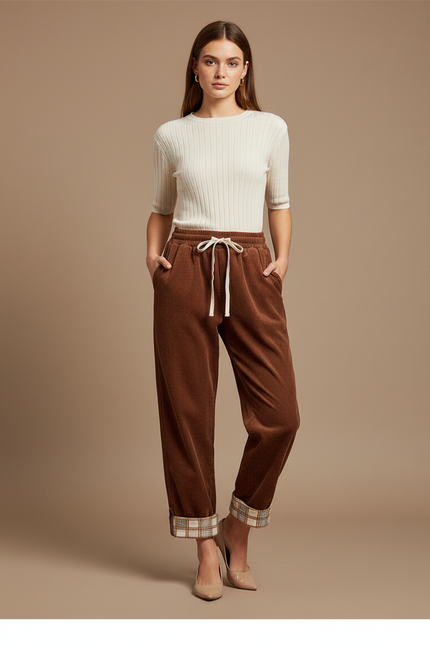 Pantalon Velours Marron Côtelé Droit Décontracté Plaid - Cordé