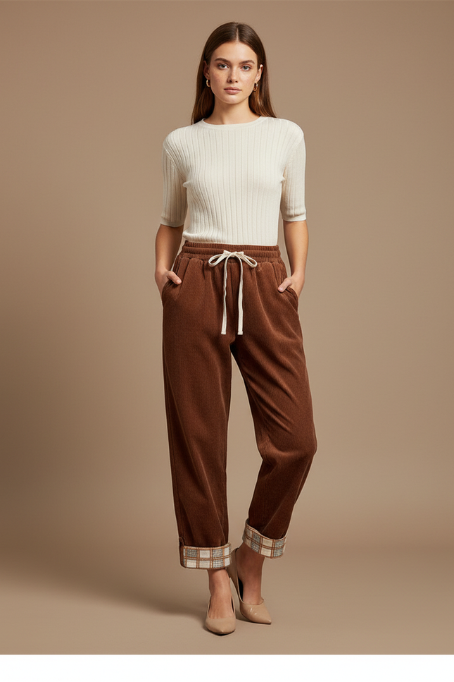 Pantalon Velours Marron Côtelé Droit Décontracté Plaid - Cordé