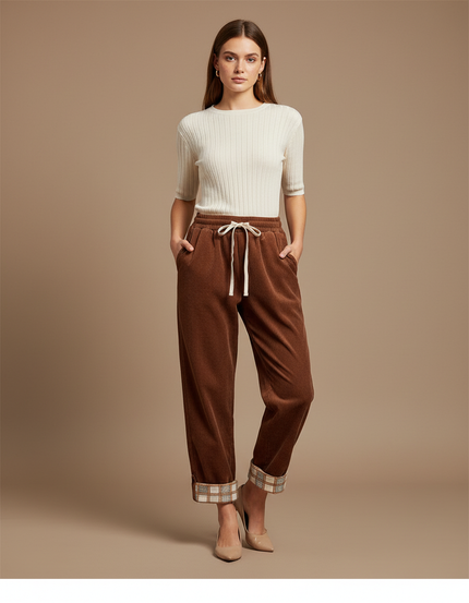 Pantalon Velours Marron Côtelé Droit Décontracté Plaid - Cordé