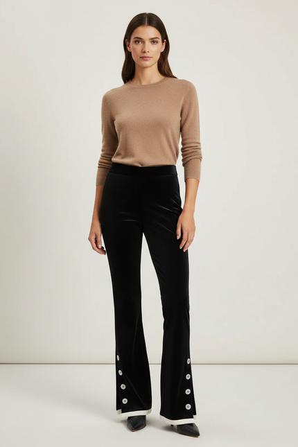 Pantalon Velours Noir Évasé Boutons Décoratifs Femme
