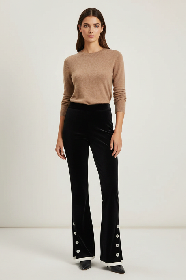 Pantalon Velours Noir Évasé Boutons Décoratifs Femme