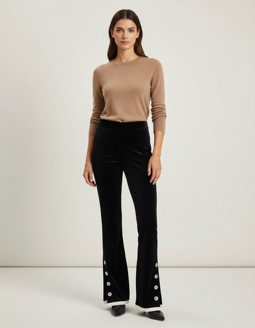 Pantalon Velours Noir Évasé Boutons Décoratifs Femme