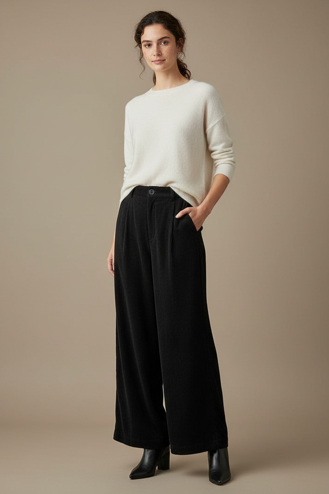 Pantalon Noir Velours Cotelé Femme - Cordé