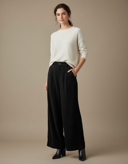 Pantalon Noir Velours Cotelé Femme - Cordé