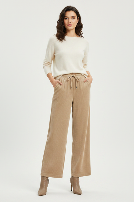 Pantalon Velours Beige Côtelé Ample Décontracté Cordon - Cordé