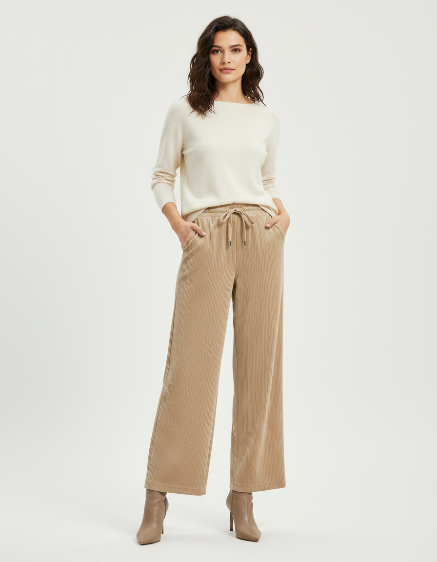 Pantalon Velours Beige Côtelé Ample Décontracté Cordon - Cordé