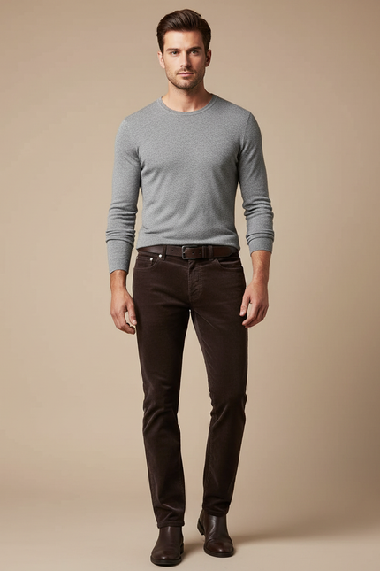Pantalon Velours Marron Côtelé Droit Homme Stretch - Cordé