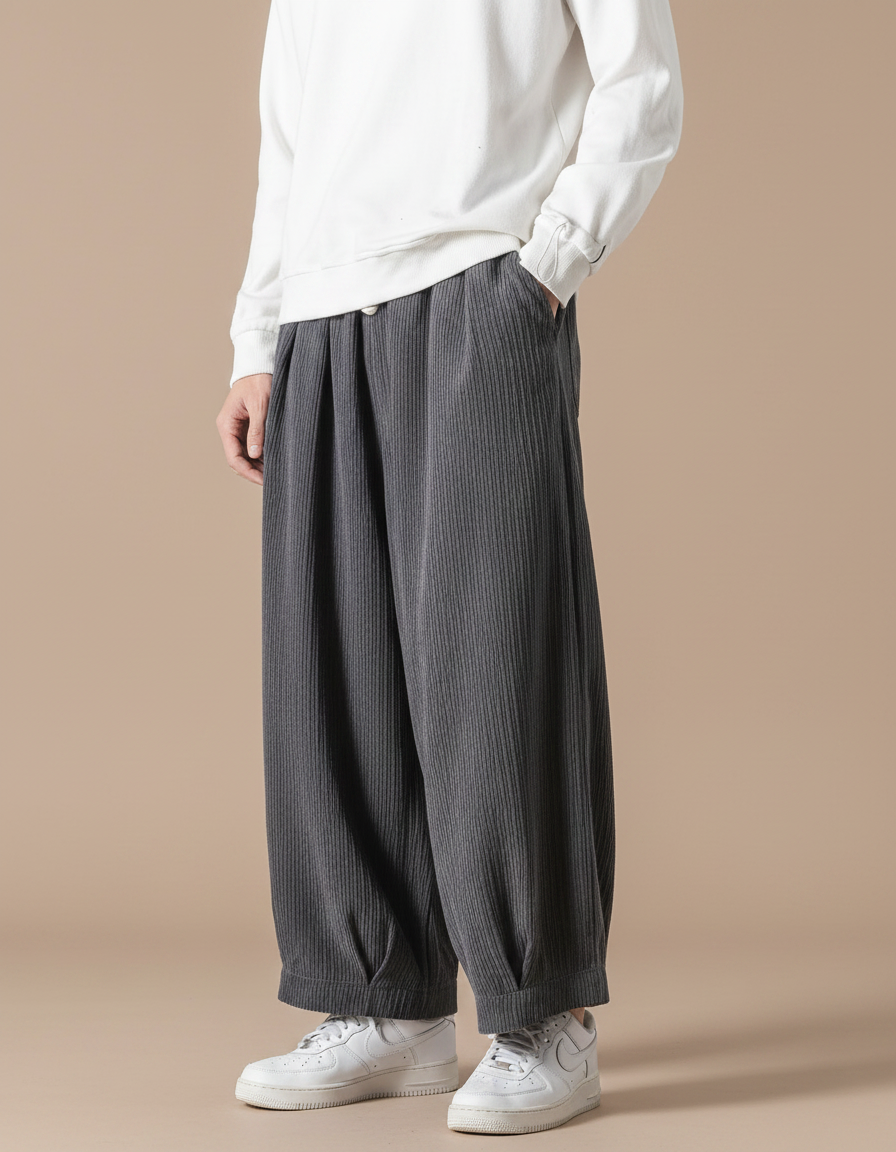 Pantalon Velours Gris Côtelé Ample Homme Décontracté - Cordé