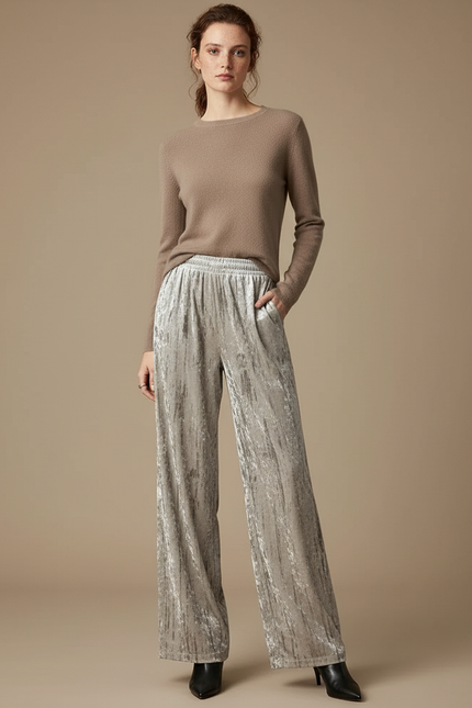 Pantalon Velours Plissé Ample Drapé Élastique Beige - Argenté