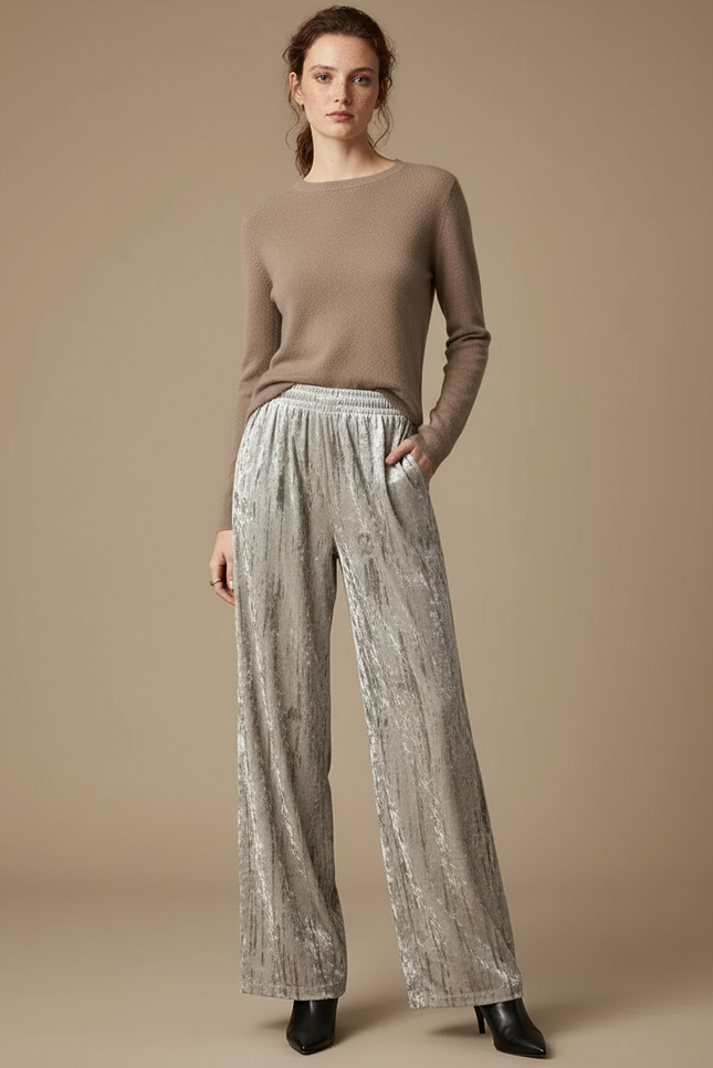 Pantalon Velours Plissé Ample Drapé Élastique Beige - Argenté
