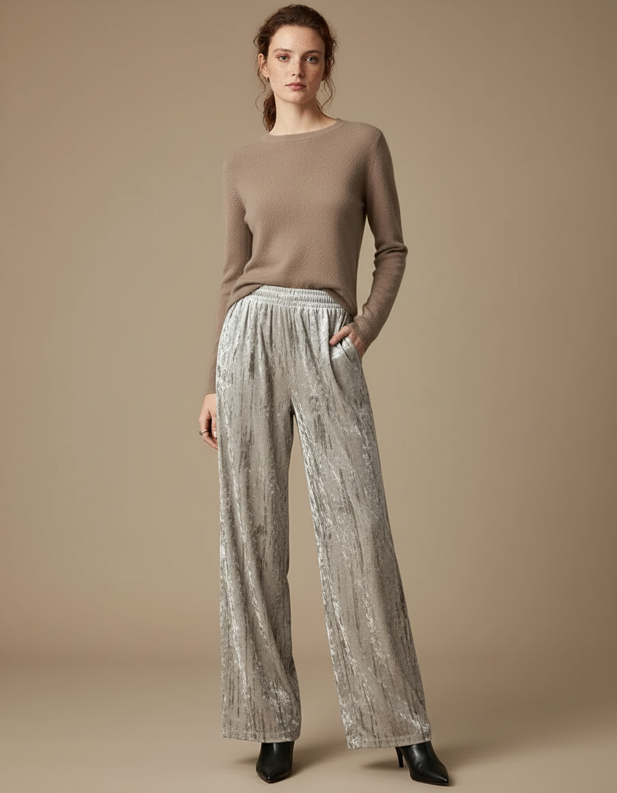 Pantalon Velours Plissé Ample Drapé Élastique Beige - Argenté