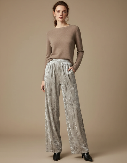 Pantalon Velours Plissé Ample Drapé Élastique Beige - Argenté