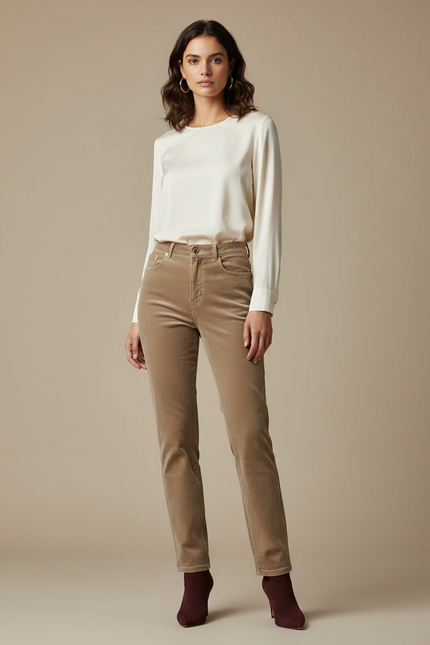 Pantalon Velours Droit Taille Haute Élégant Femme - Camel Cordé