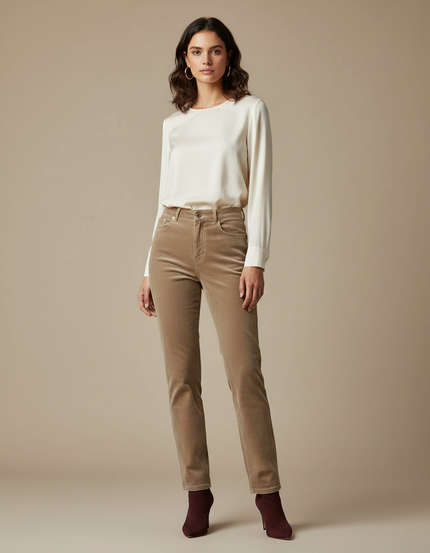 Pantalon Velours Droit Taille Haute Élégant Femme - Camel Cordé