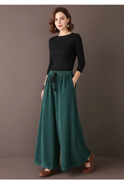 Pantalon Velours Vert Côtelé Ample Taille Haute Femme - Cordé
