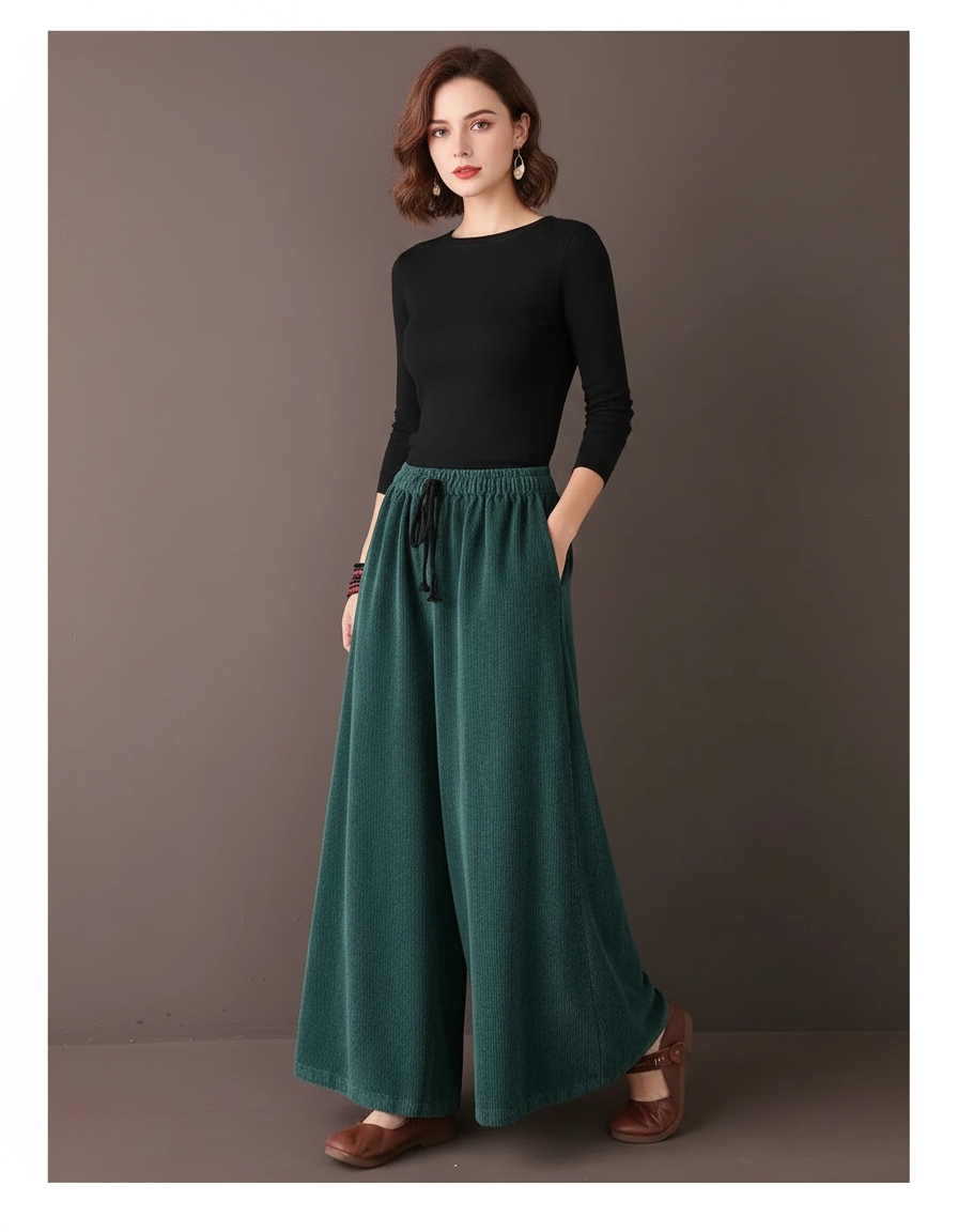 Pantalon Velours Vert Côtelé Ample Taille Haute Femme - Cordé