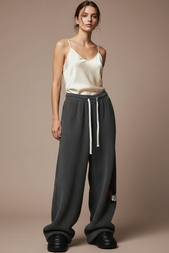 Pantalon Velours Gris Ample Brodé Décontracté Femme - Molleton