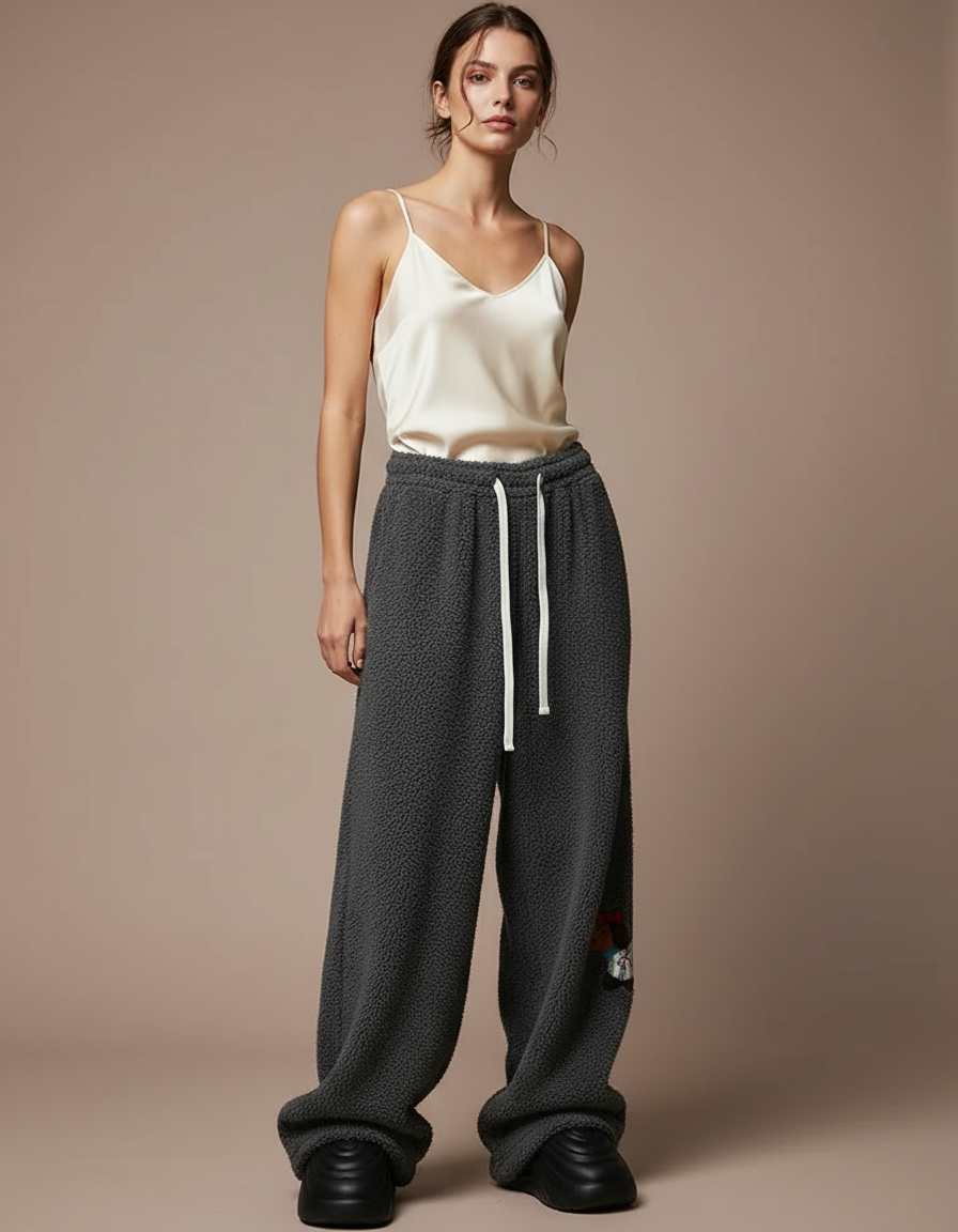 Pantalon Velours Gris Ample Brodé Décontracté Femme - Molleton