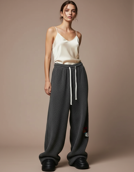 Pantalon Velours Gris Ample Brodé Décontracté Femme - Molleton