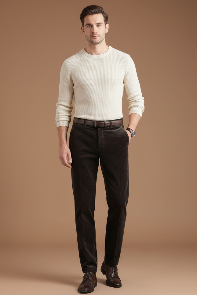 Pantalon Velours Marron Côtelé Droit Homme Élégant - Cordé