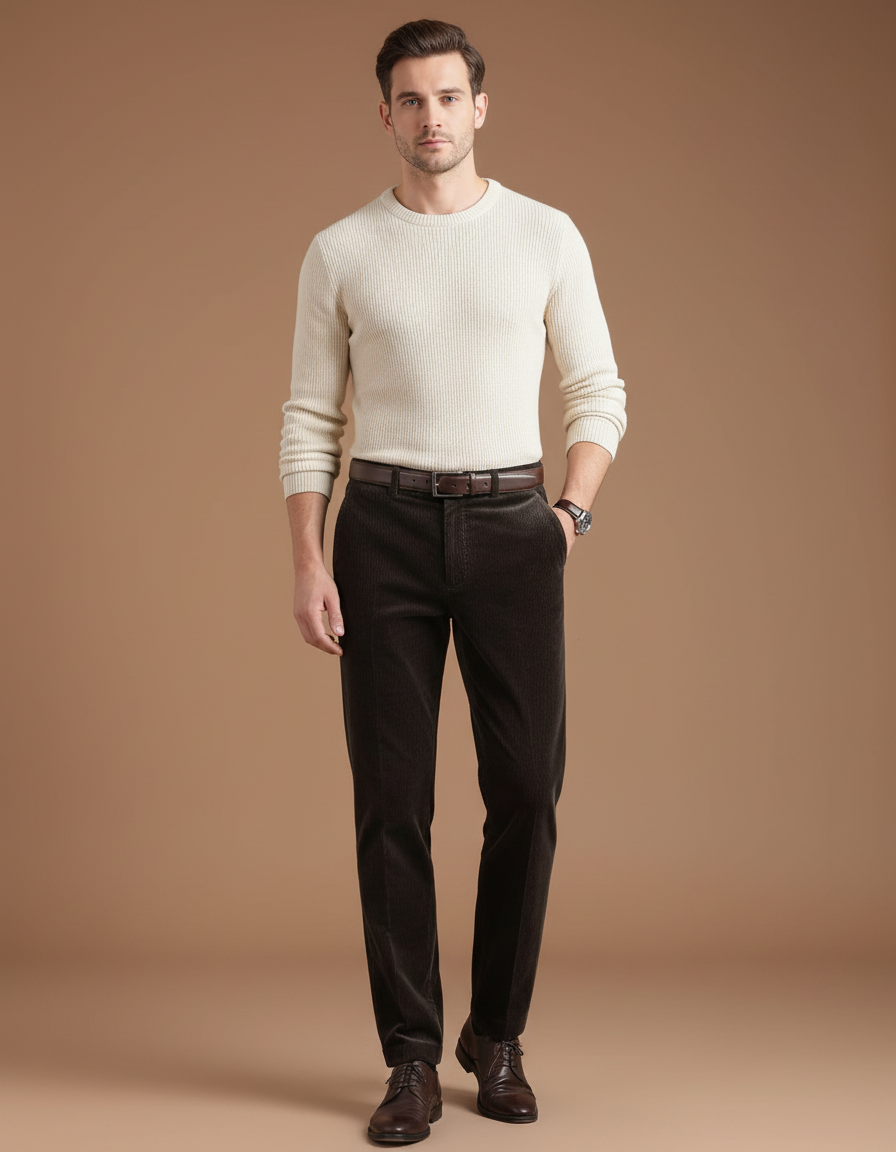 Pantalon Velours Marron Côtelé Droit Homme Élégant - Cordé
