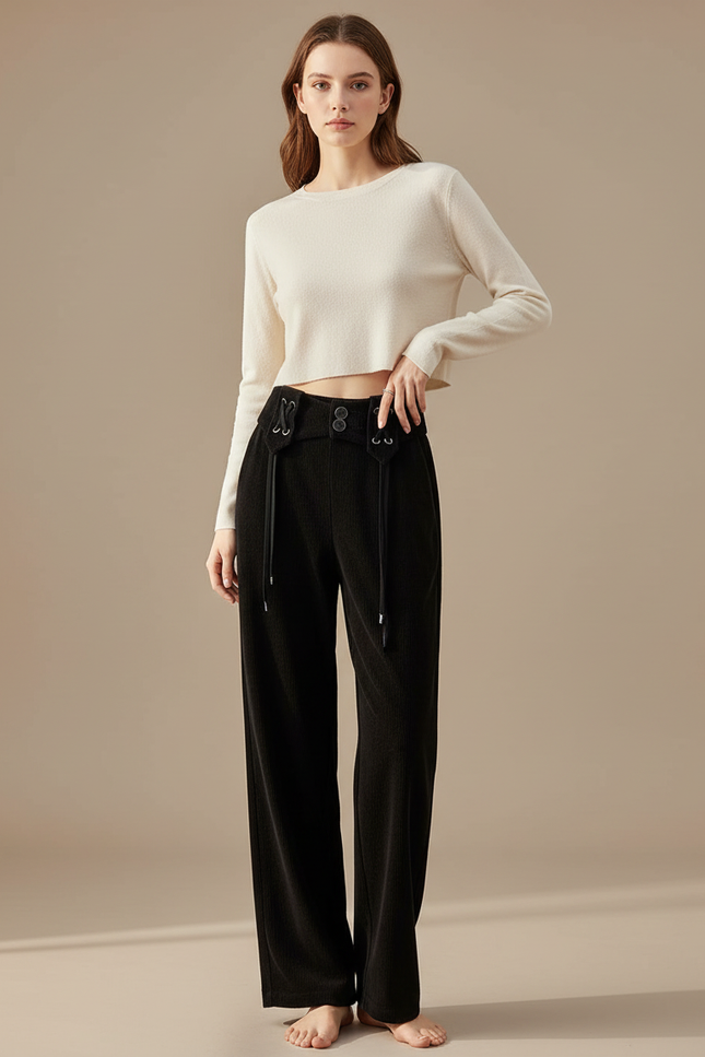 Pantalon Velours Noir Côtelé Ample Décontracté Cordon - Cordé