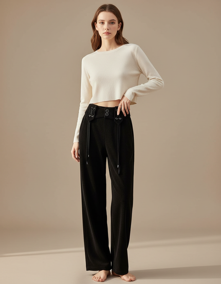 Pantalon Velours Noir Côtelé Ample Décontracté Cordon - Cordé