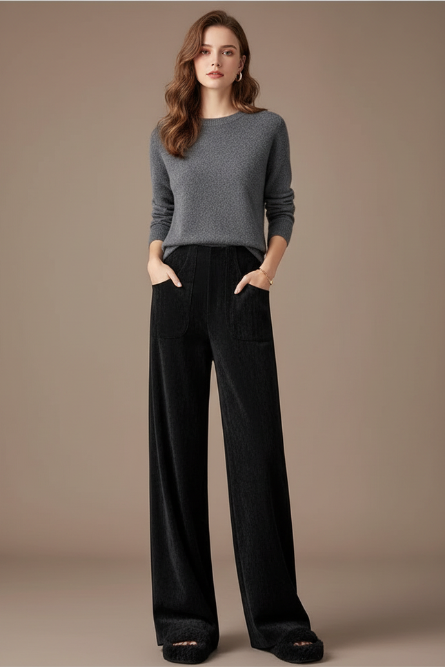 Pantalon Velours Noir Ample Décontracté Taille Haute - Cordé