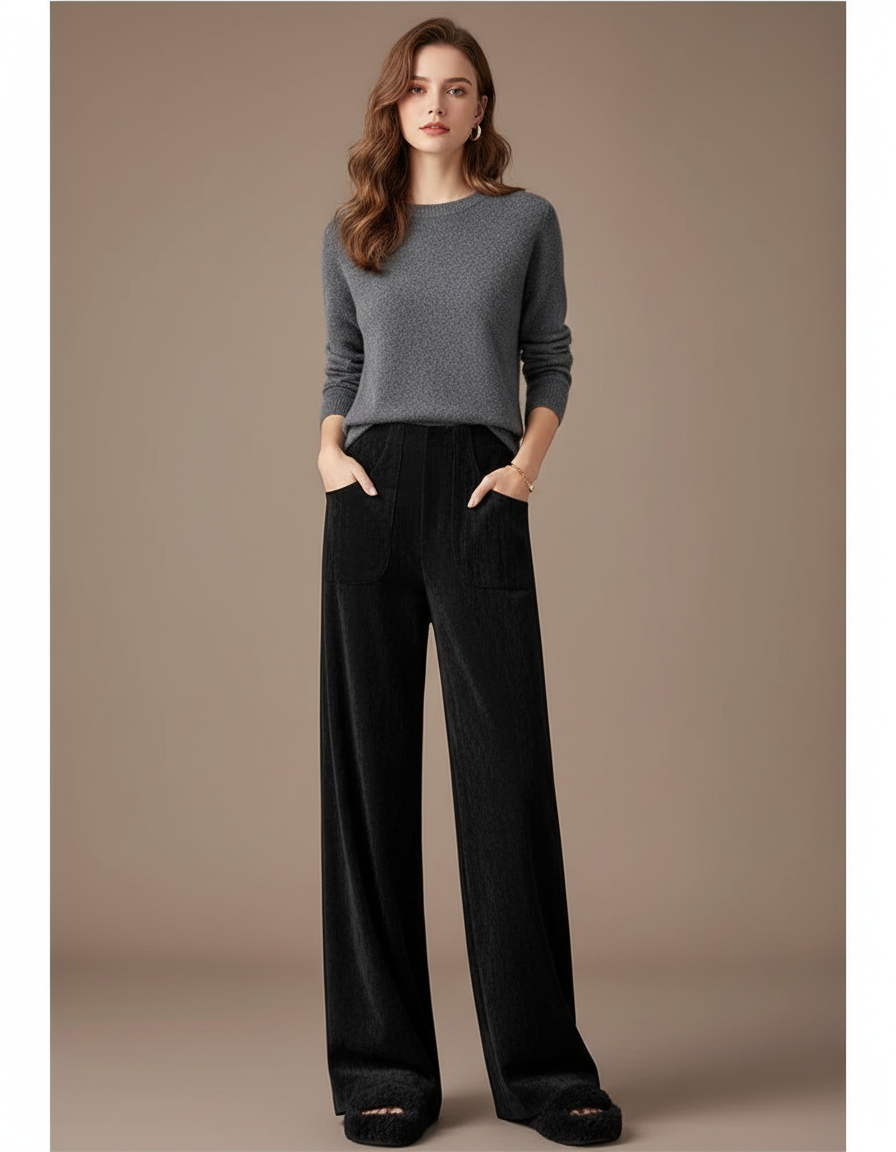 Pantalon Velours Noir Ample Décontracté Taille Haute - Cordé
