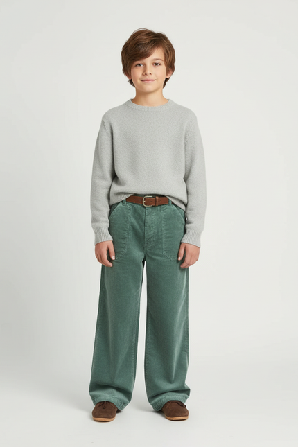 Pantalon Velours Vert Côtelé Droit Ample Enfant