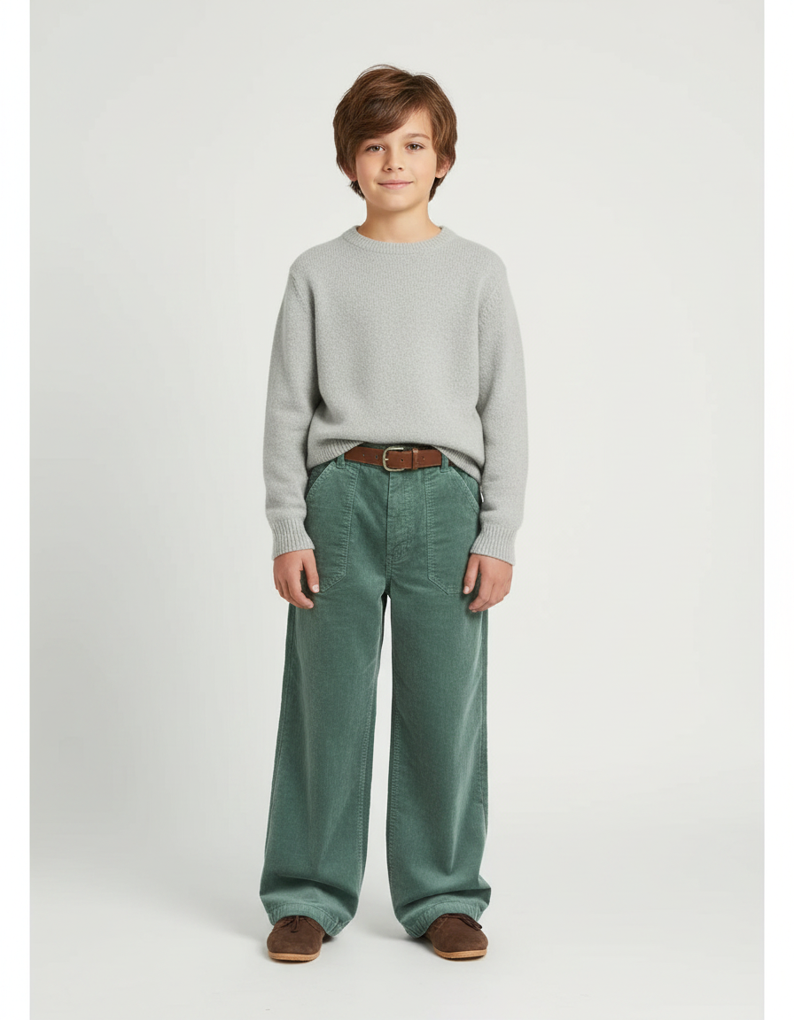 Pantalon Velours Vert Côtelé Droit Ample Enfant