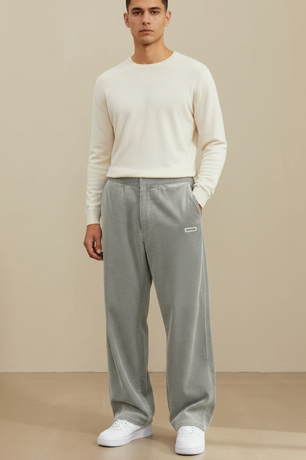 Pantalon Velours Gris Côtelé Ample Droit Homme