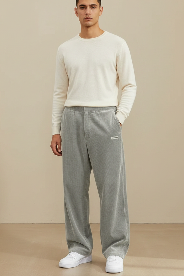 Pantalon Velours Gris Côtelé Ample Droit Homme