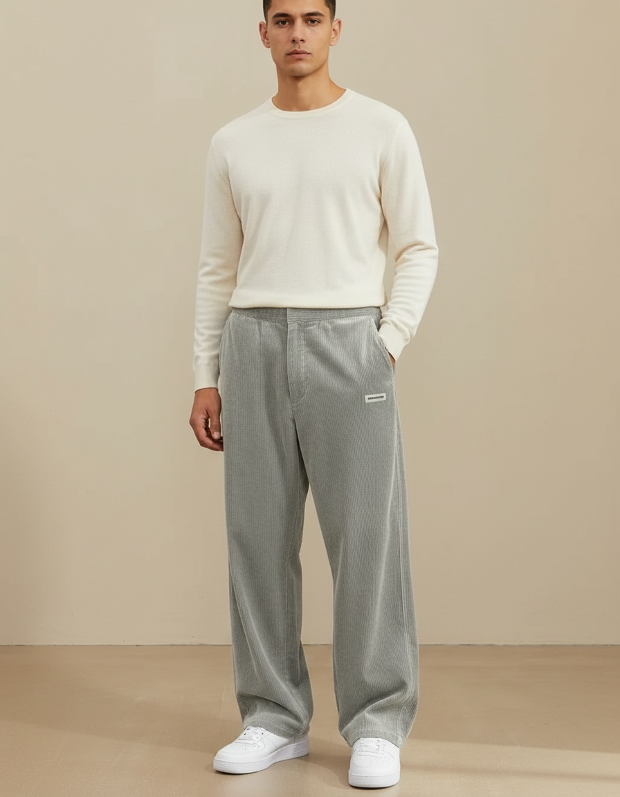 Pantalon Velours Gris Côtelé Ample Droit Homme