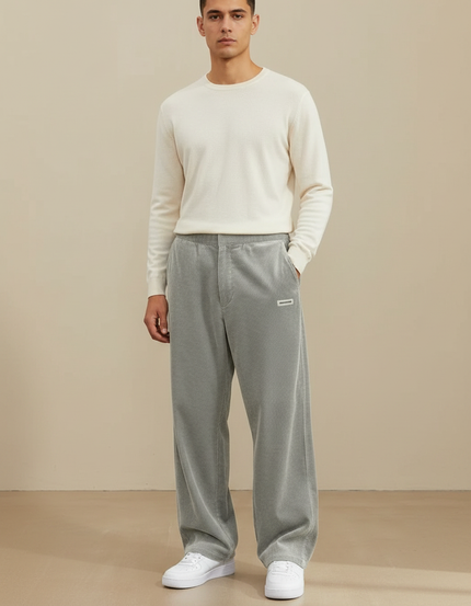 Pantalon Velours Gris Côtelé Ample Droit Homme