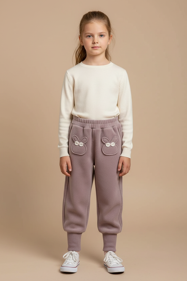Pantalon Velours Lilas Brodé Lapin Ample Confortable - Violet