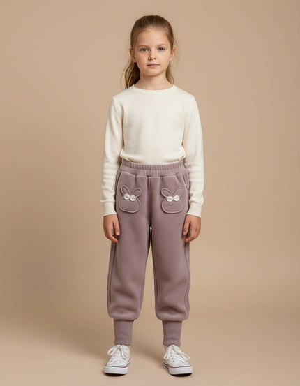 Pantalon Velours Lilas Brodé Lapin Ample Confortable - Violet