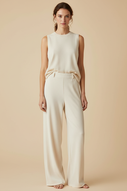 Pantalon Velours Crème Ample Fluide Taille Haute - Beige Cordé