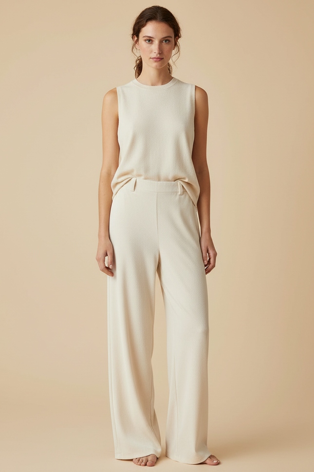 Pantalon Velours Crème Ample Fluide Taille Haute - Beige Cordé
