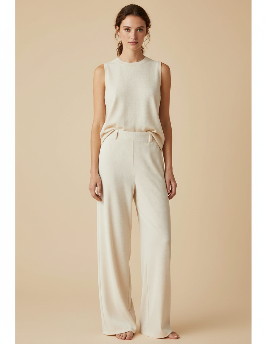Pantalon Velours Crème Ample Fluide Taille Haute - Beige Cordé