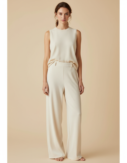 Pantalon Velours Crème Ample Fluide Taille Haute - Beige Cordé
