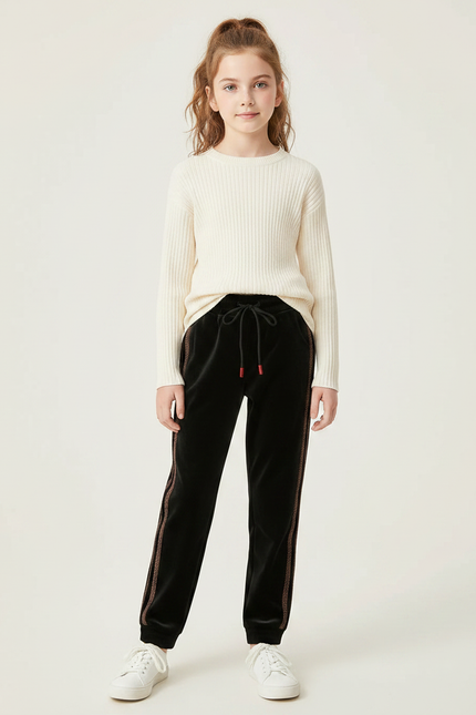 Pantalon Velours Noir Cordon Décontracté Bandes Latérales