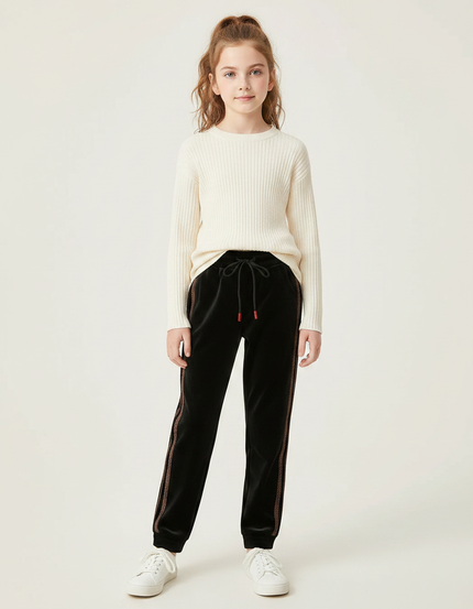 Pantalon Velours Noir Cordon Décontracté Bandes Latérales