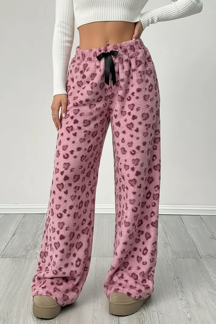Pantalon Velours Rose Léopard Coeurs Ample Femme